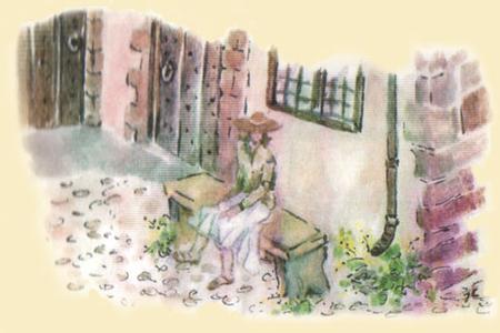 Watercolour illustration of a woman sitting in the garden at the front of the museum.